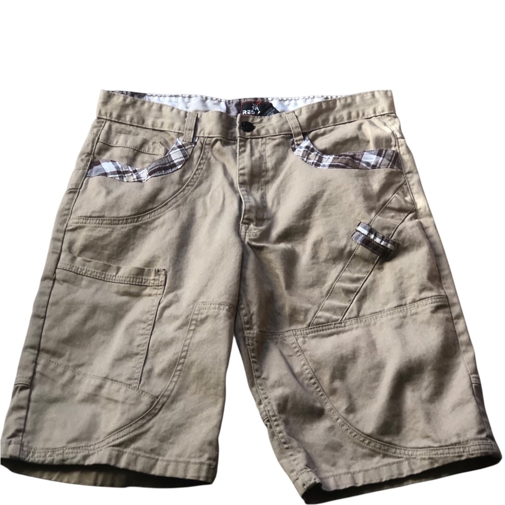 Vintage Y2K Red Ape patches tan cargo shorts Sz 38 waist